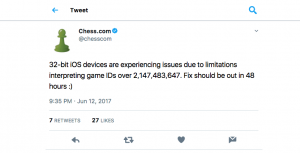 Chess.com stopped working on 32-bit iPads after it passed 2^31 games played