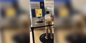 Man in VR headset falls off fake cliff and hits a very real floor