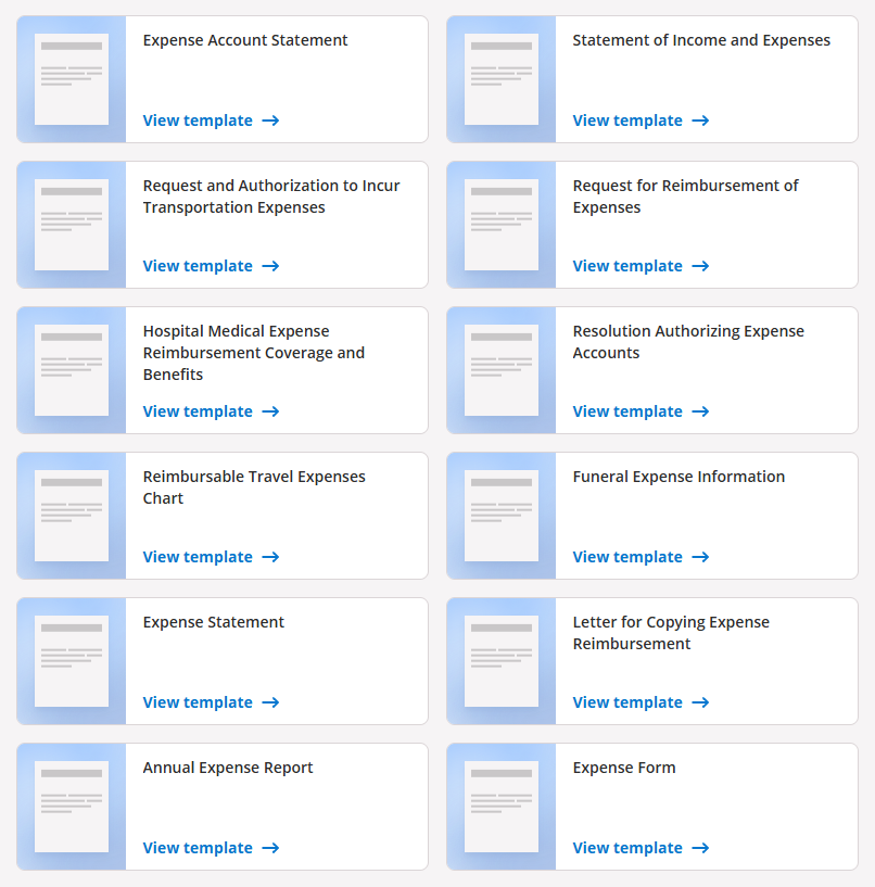 signNow Expense Report Templates page showing template cards including Expense Account Statement, Request for Reimbursement of Expenses and Reimbursable Travel Expenses Chart