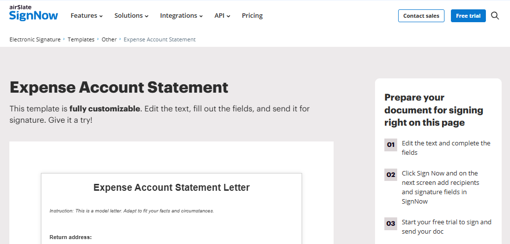 signNow Expense Account Statement template page with a preview of the form and the steps to complete it and send it for signature