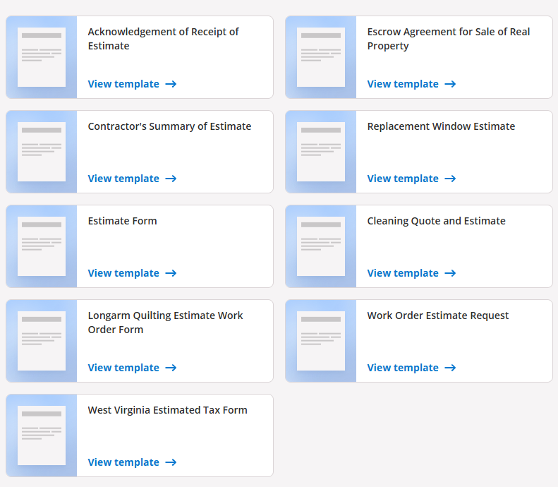 signNow Estimate Templates page showing template cards including Contractor's Summary of Estimate, Replacement Window Estimate and Cleaning Quote and Estimate
