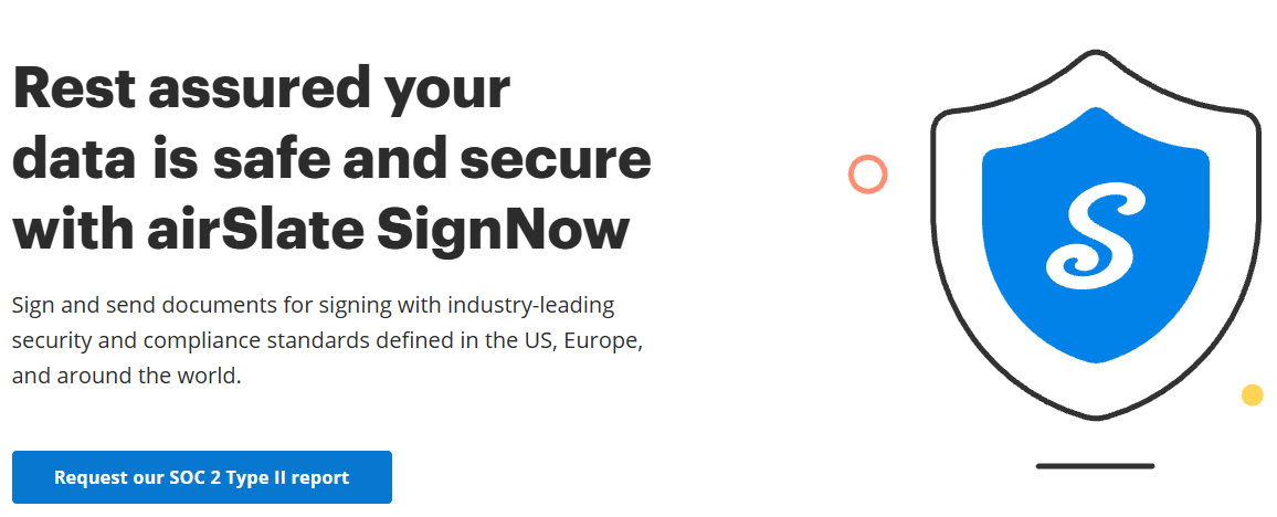 signNow security page header reading Rest assured your data is safe and secure with airSlate SignNow, with a button to request its SOC 2 Type II report